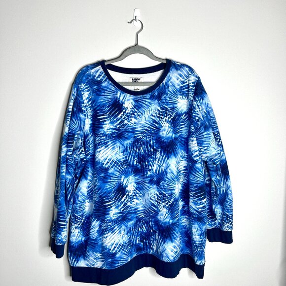 Lands' End Serious Sweats Raglan Sweatshirt Blue Tie Dye Palm Lounge Comfy 2X - Picture 1 of 4